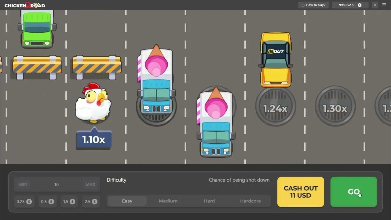 Schermata di Chicken Road 2.0: la gallina sulla strada a più corsie, tombini con i moltiplicatori e pannello con livello Easy